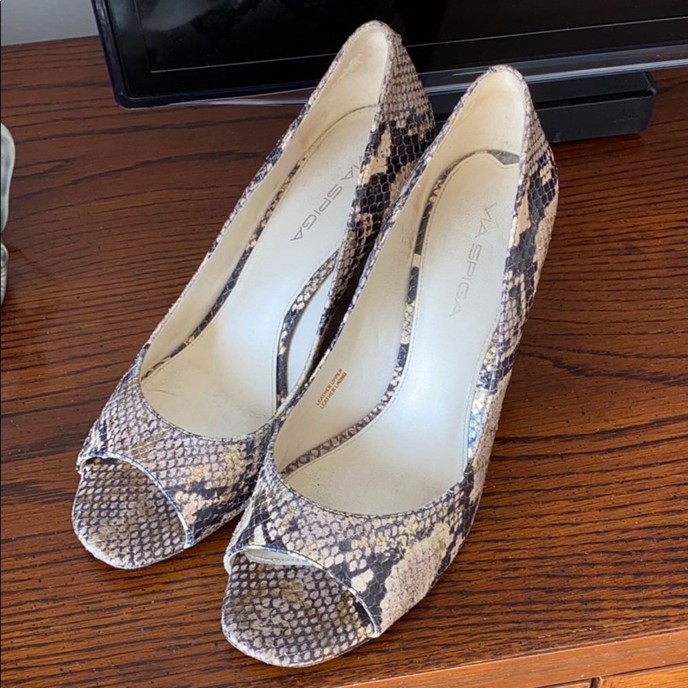 Via Spiga leather snake-print open-toe pumps, 8m